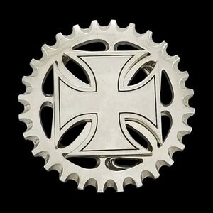 No Fear Vintage Iron Cross Spinner Sprocket Belt Buckle Silver Tone Biker Y2K